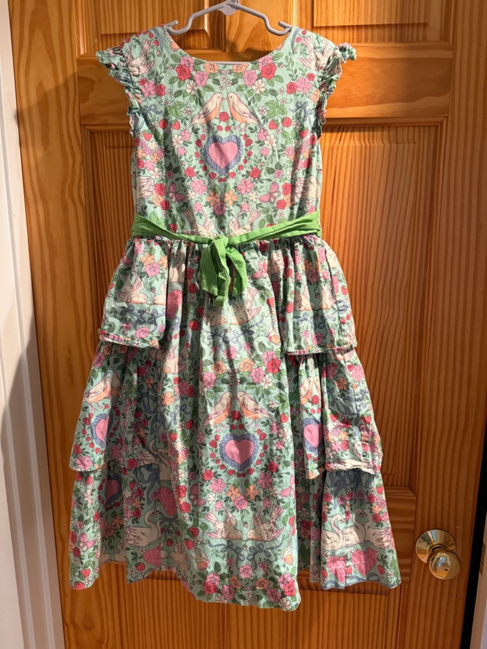 Mini Boden Mint Green Floral & Heart Tiered Dress with Pink Accents